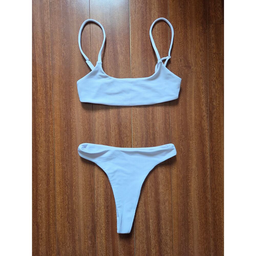 Ribbed White Bikini Set - Bralette & High Cut Thong Bottoms XS/Small Minimalist